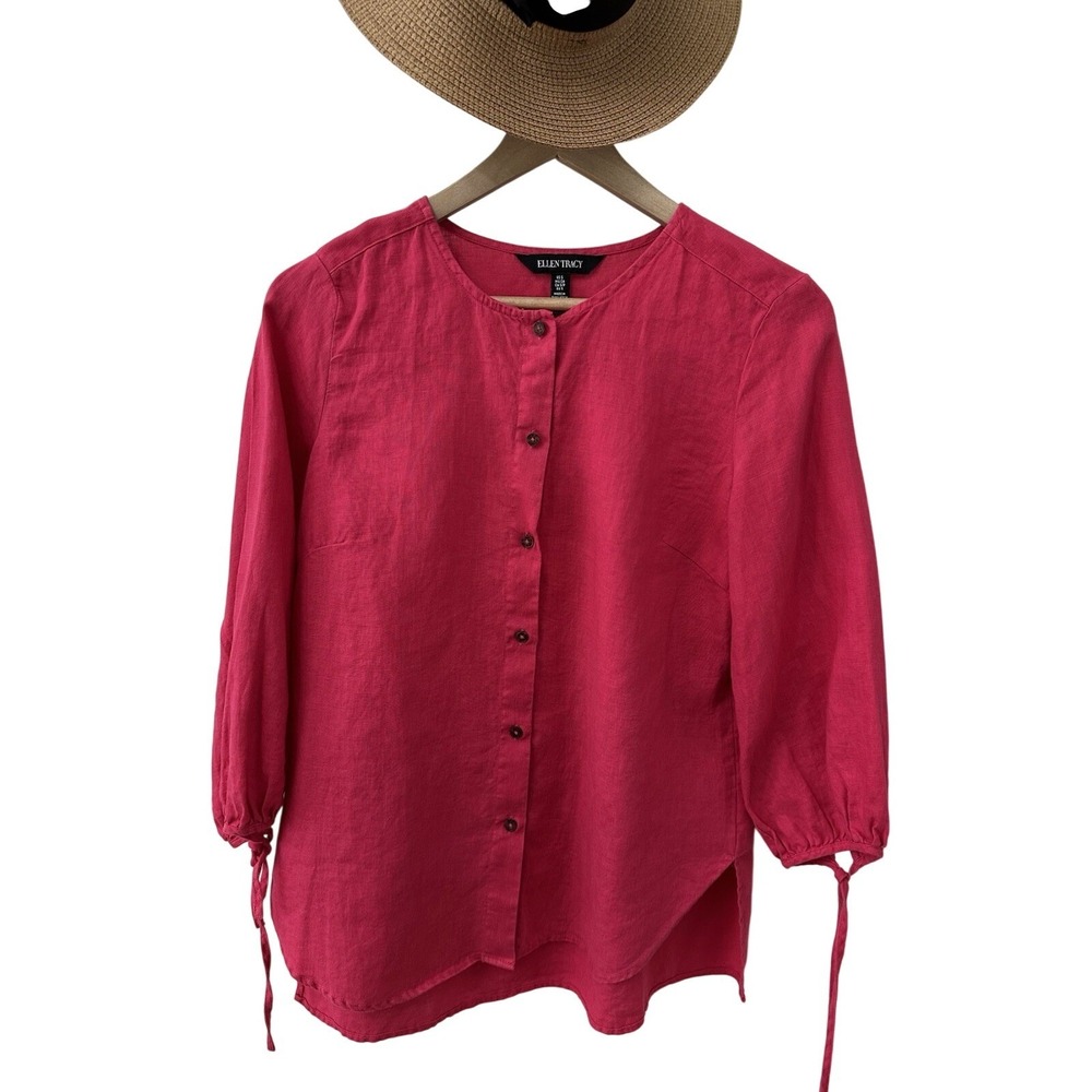 Ellen Tracy Linen Blouse S Pink 3/4 Tie Sleeve Button Front High Low Top‎